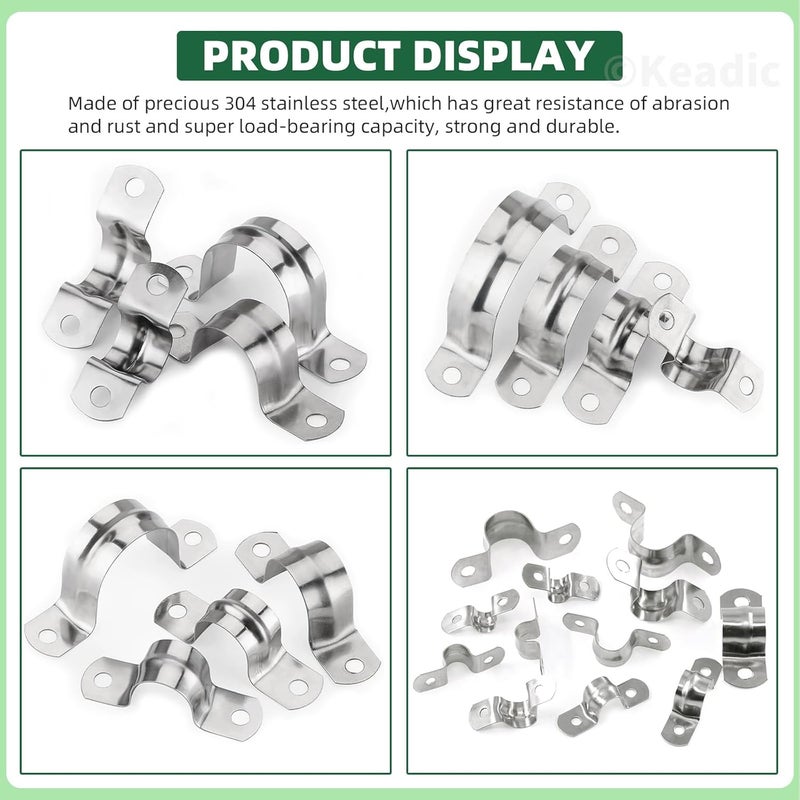 Keadic 50Pcs M16 Metric Two Hole Strap U Bracket Tube Strap Tension Clips 304 Stainless Steel Heavy Duty Rigid Pipe Strap Clamp, for Pipe Fixing on Various Surfaces - Image 5